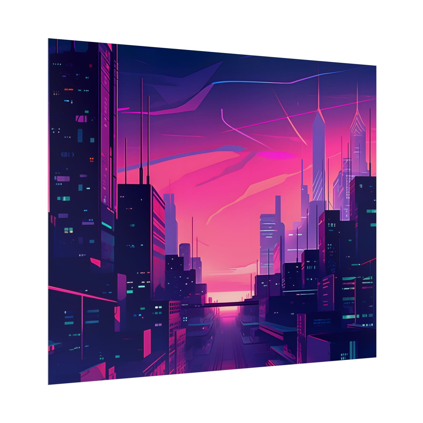Melancholic Cyberpunk Cityscape: Neon Night Digital Art - Poster