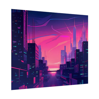 Melancholic Cyberpunk Cityscape: Neon Night Digital Art - Poster
