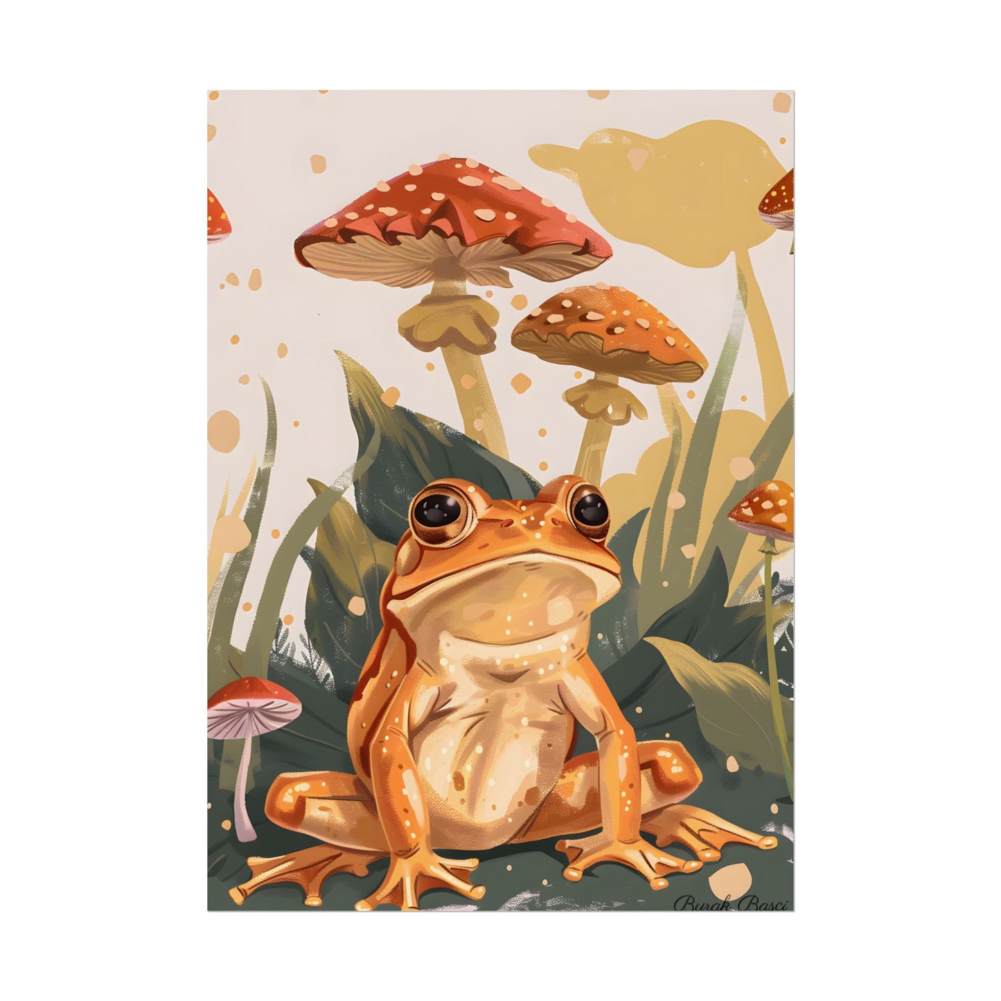 Retro Frog's Smile: Colorful Mushroom Illustration - Poster