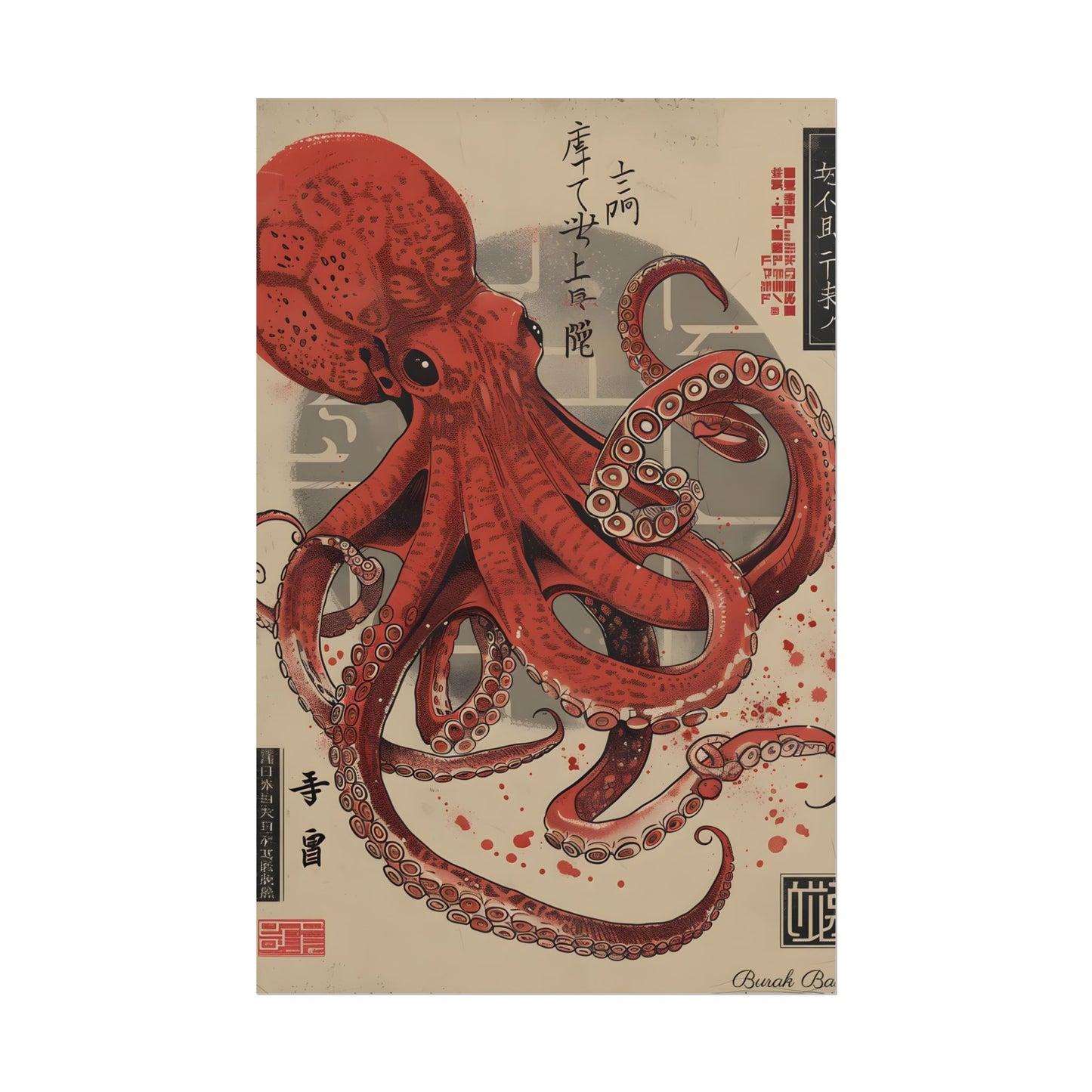 Stylized Japanese Octopus: Muted Watercolor Artwork - Poster