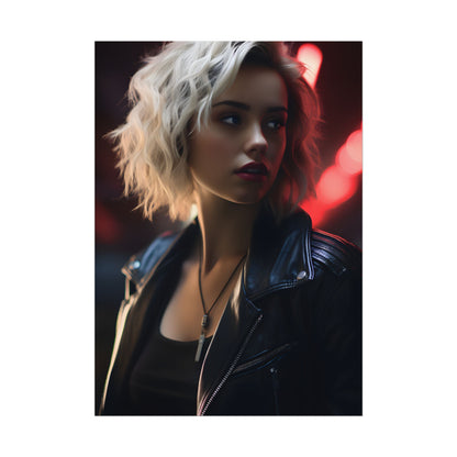 Cyberpunk Blonde: Closeup Portrait in Neon Hues - Poster