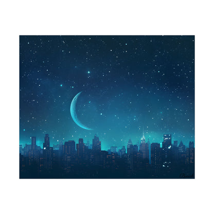 Starry Night Sky: Tranquil Dark Blue Scene with Crescent Moon - Poster