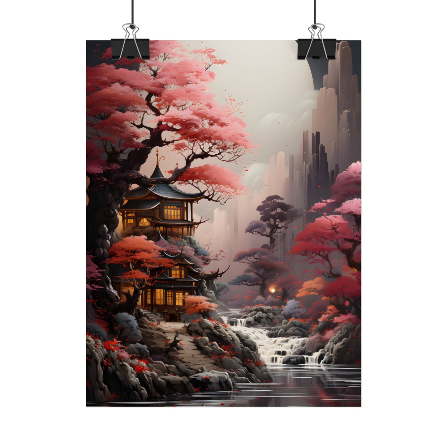 Landscape Masterpiece in Ash Magenta and Moss Green: Serene Nature Artwork - Poster