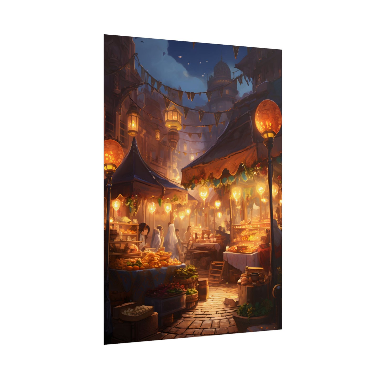 Magical Street Food Market: A Colorful Nighttime Scene - Poster
