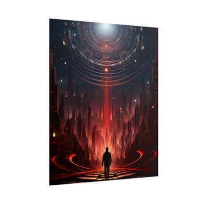 Futuristic Cityscape: Neon Sky Meets Nature's Harmony - Poster