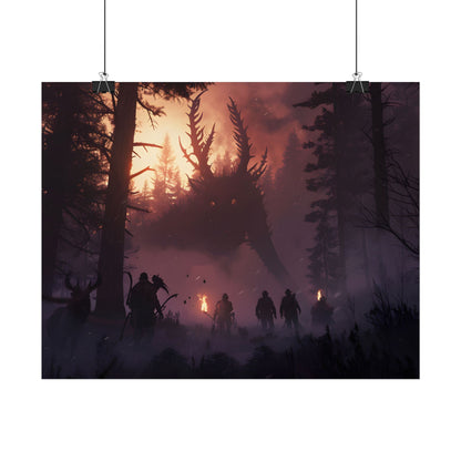 Serene Forest Sunset: Group Walking Through Misty Landscape - Poster
