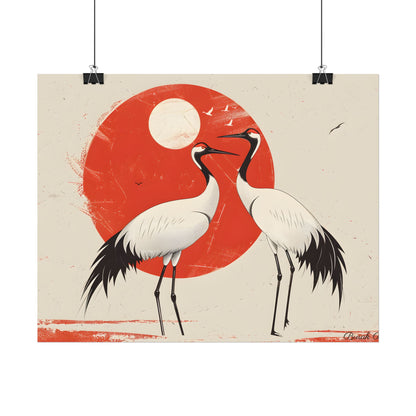 Serene Wildlife Sanctuary: Cranes in Red Nature Scene Art - Poster