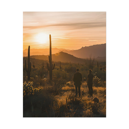 Desert Sunset Serenity: Two Friends Standing Together - Poster