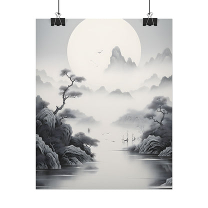 Chinese Ink Mirror Landscape: Serene Artwork - Poster