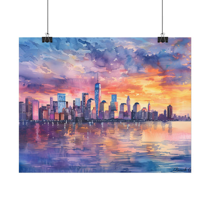 Serene NYC Sunset: Watercolor Skyline Reflections - Poster