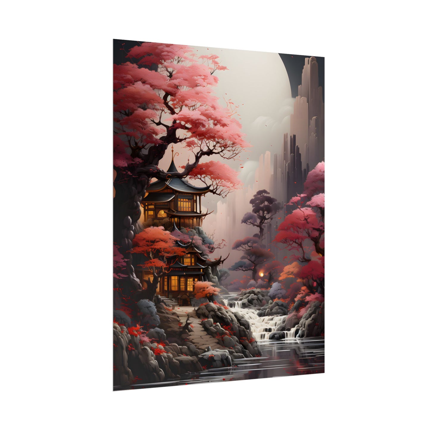Landscape Masterpiece in Ash Magenta and Moss Green: Serene Nature Artwork - Poster