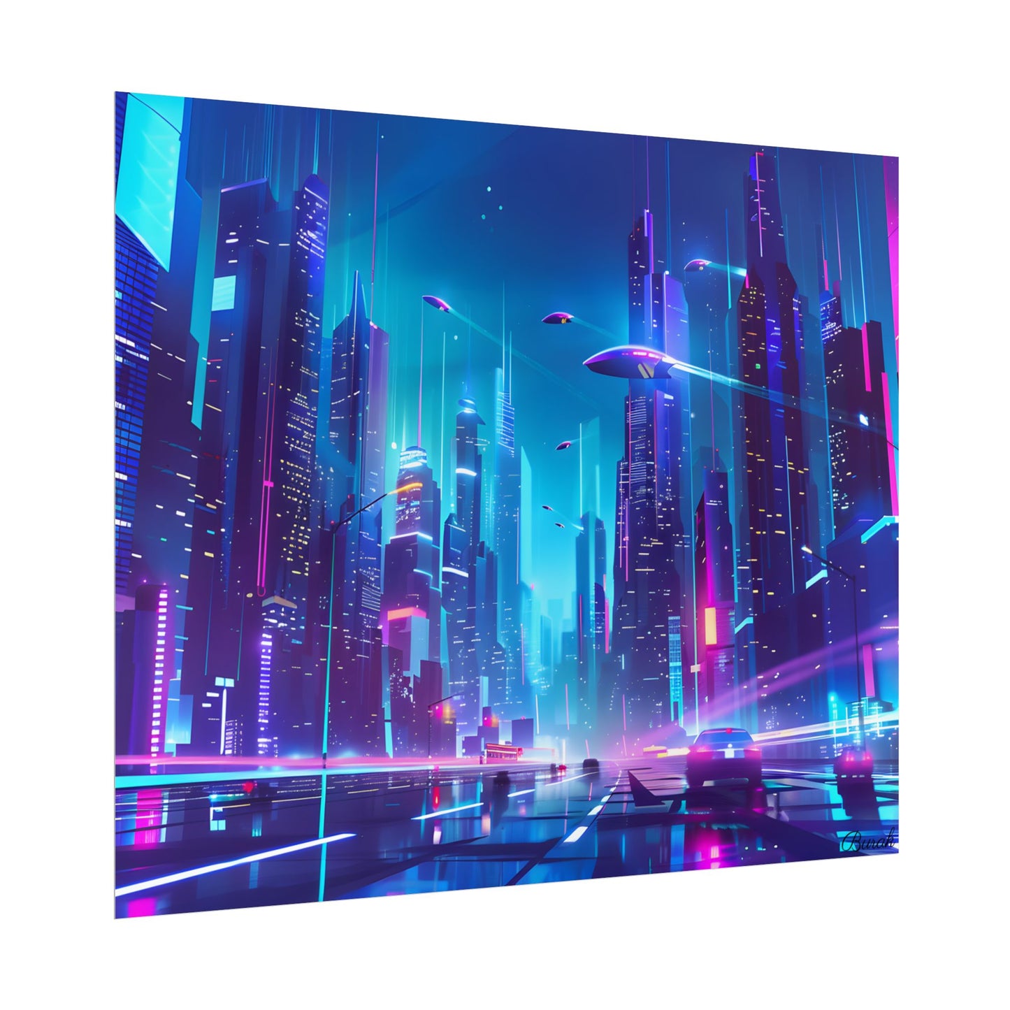 Futuristic Neon City: Towering Skyscrapers in a Vibrant Nighttime Sky - Poster