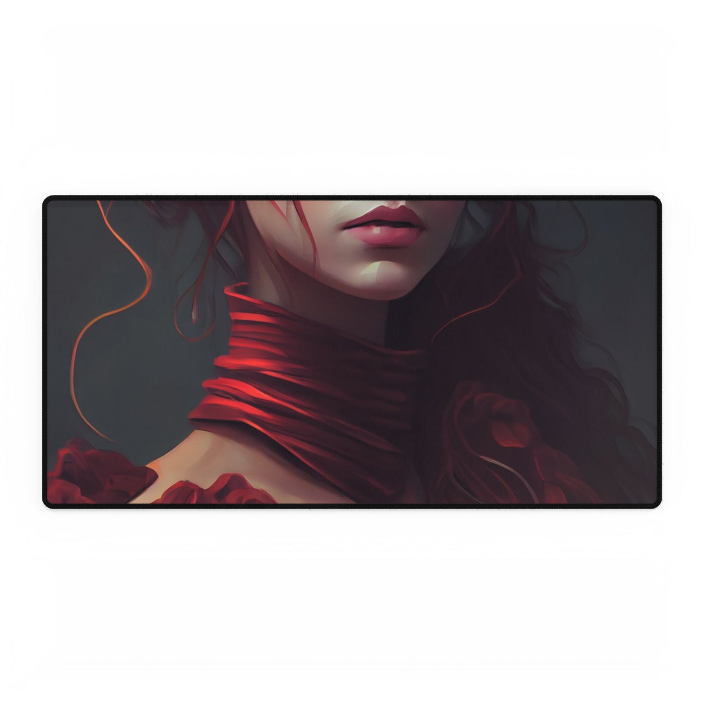 Vibrant Redhead Portrait: Female Artwork in Red Dress - Desk Mat