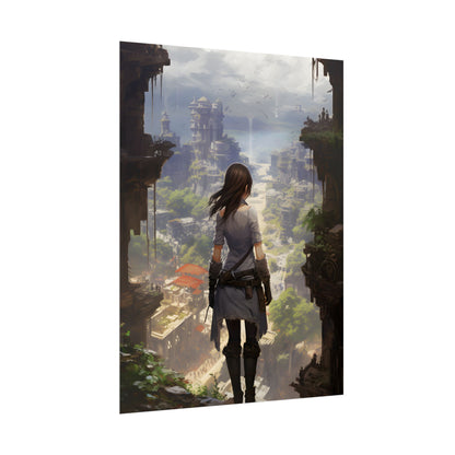 Dramatic Anime City Warrior: Bird's Eye View Digital Art - Poster