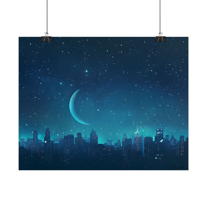 Starry Night Sky: Tranquil Dark Blue Scene with Crescent Moon - Poster