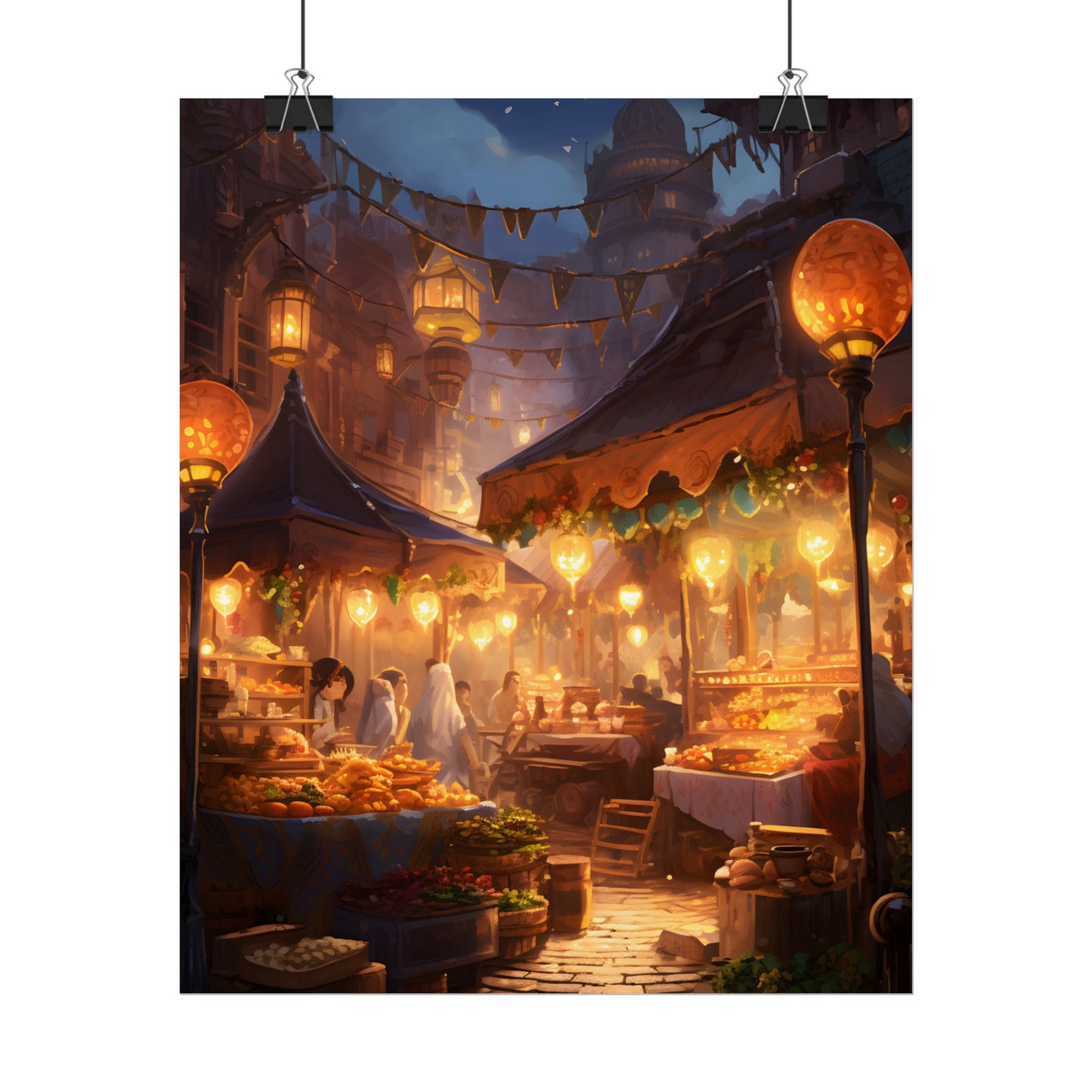 Magical Street Food Market: A Colorful Nighttime Scene - Poster