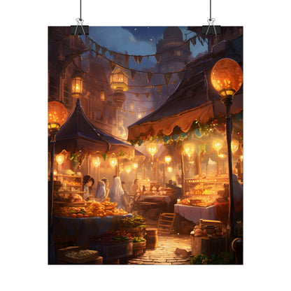 Magical Street Food Market: A Colorful Nighttime Scene - Poster