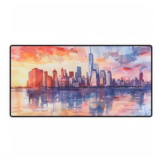 Watercolor NYC Sunset Skyline: Romantic Cityscape Art - Desk Mat