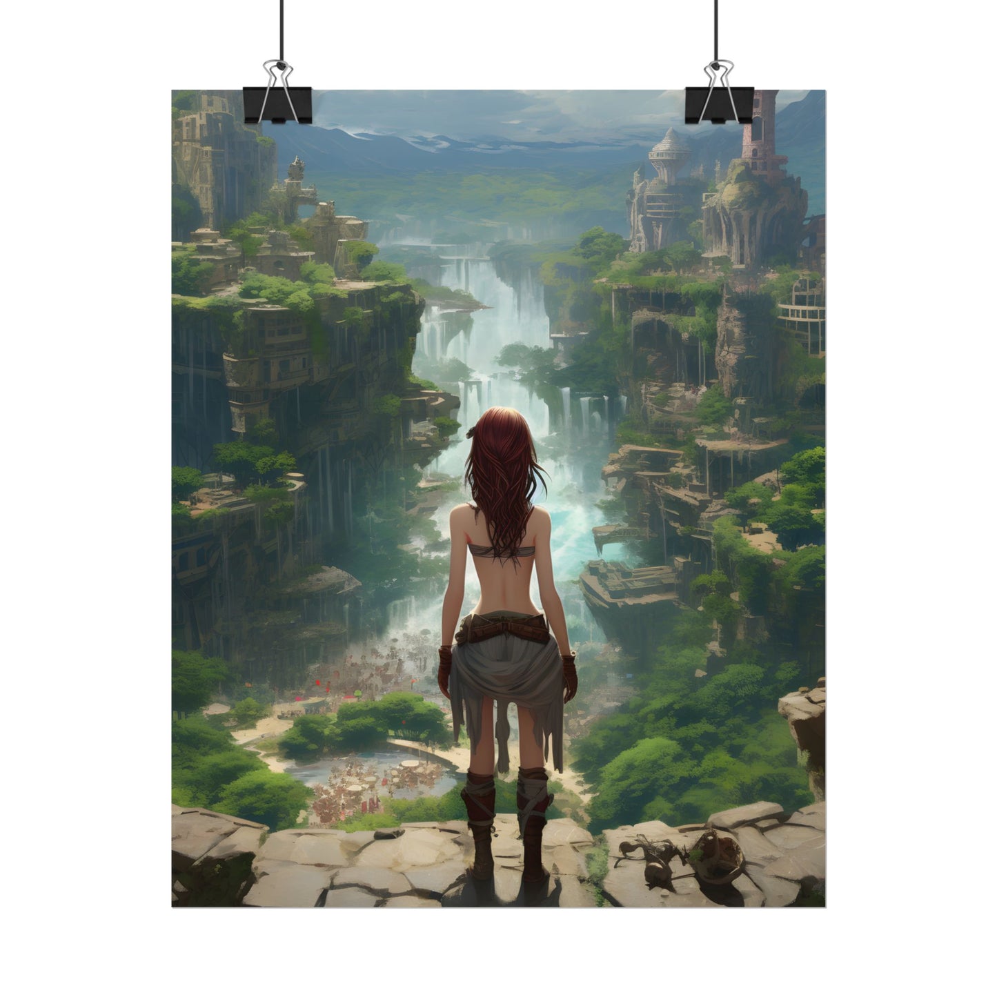 Dramatic Birds Eye View: Red Haired Anime Girl in Urban Landscape - Poster