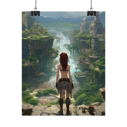 Dramatic Birds Eye View: Red Haired Anime Girl in Urban Landscape - Poster