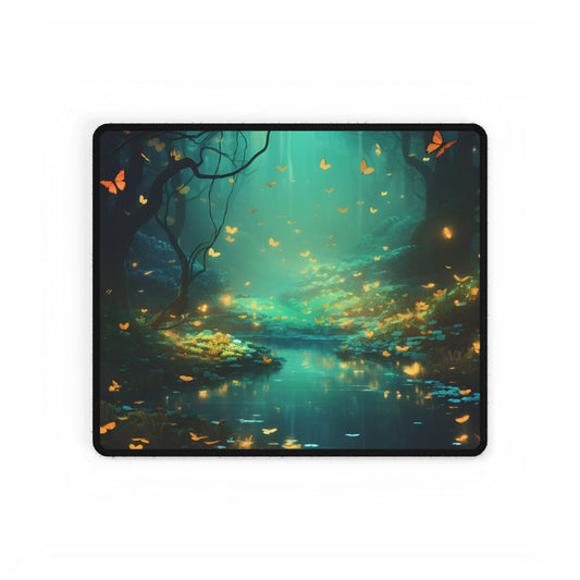 Enchanted Night Forest: Foggy Fantasy Landscape with Bokeh Lights - Desk Mat