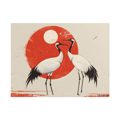 Serene Wildlife Sanctuary: Cranes in Red Nature Scene Art - Poster