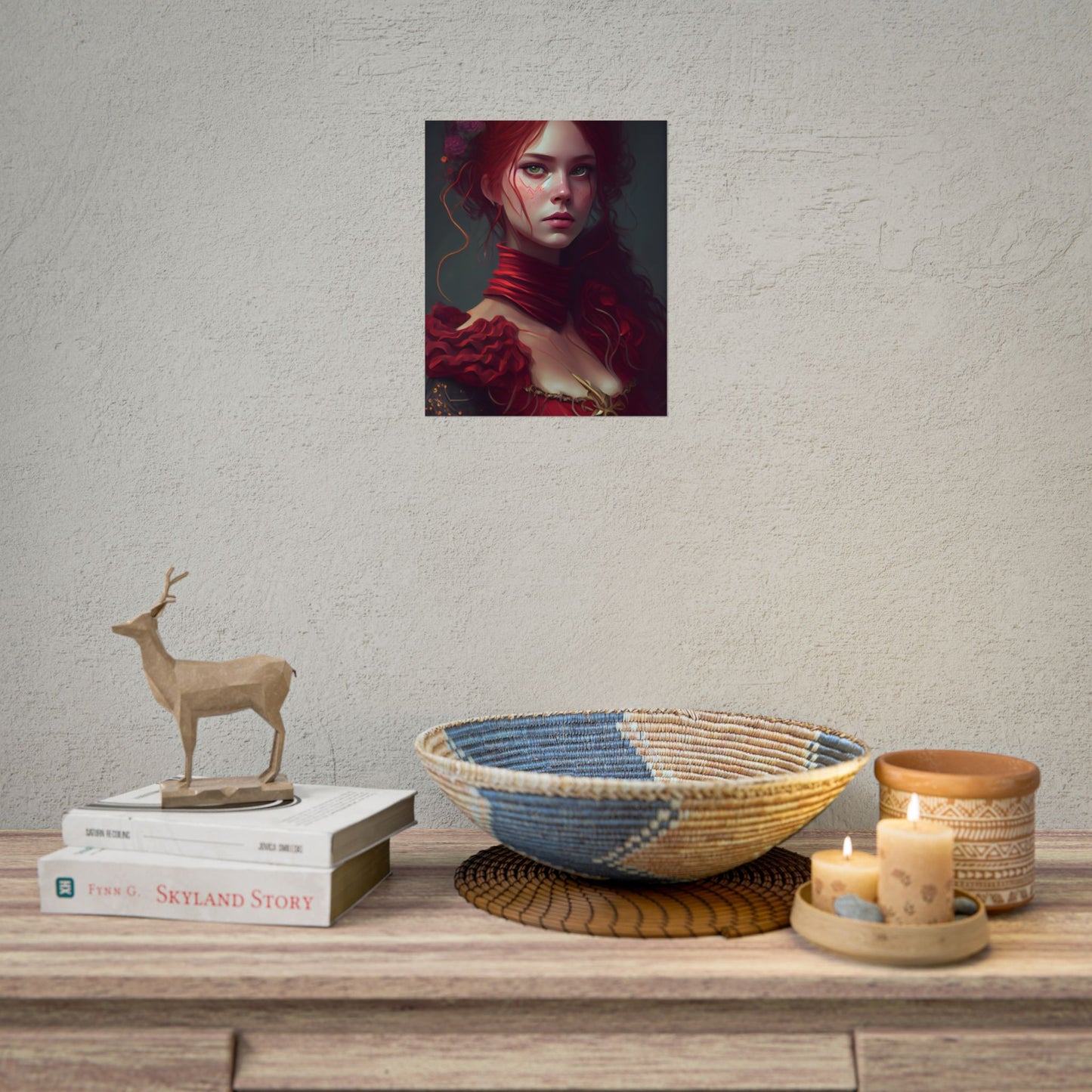 Vibrant Redhead Portrait: Female Artwork in Red Dress - Poster