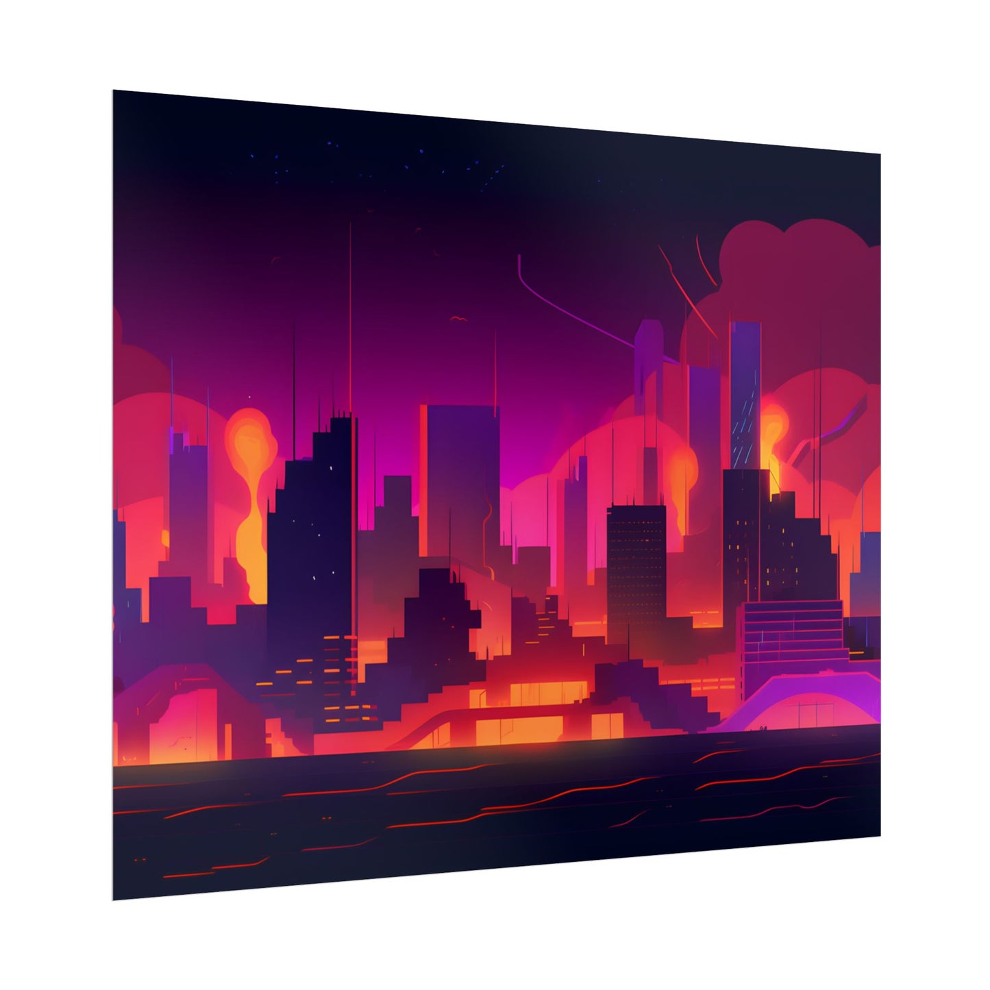 Burning Cyberpunk Cityscape: Nighttime Digital Artwork - Poster