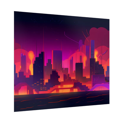 Burning Cyberpunk Cityscape: Nighttime Digital Artwork - Poster