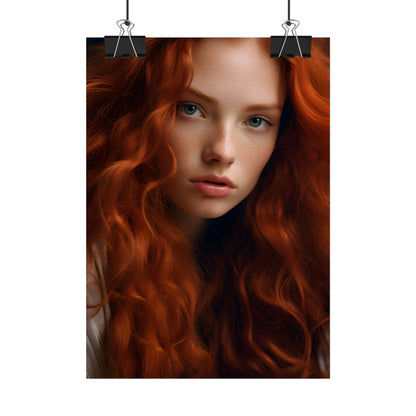 Feminine Portrait: Redheaded Woman in Light Blue - Poster
