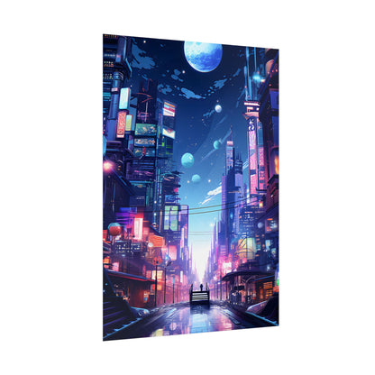 Melancholic Night in Cyberpunk City: Urban Landscape Art - Poster