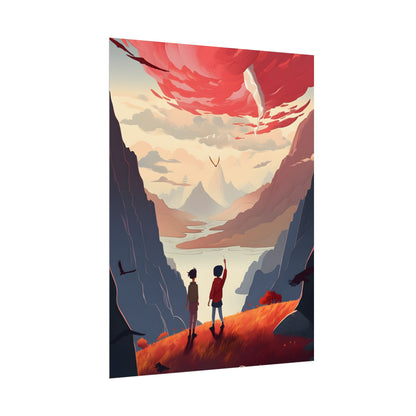 Serene Meadow Scene: Girl & Boy Under Cloudy Sky - Poster