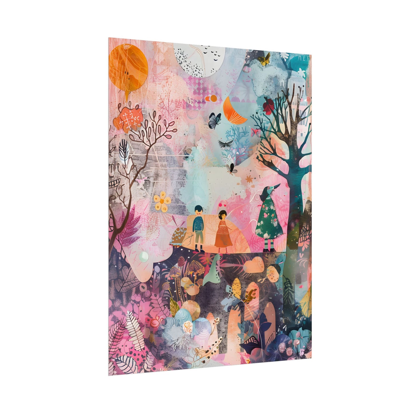 Colorful Whimsy: Blue Fish, Yellow Bird, Pink Cat Art Collage - Poster