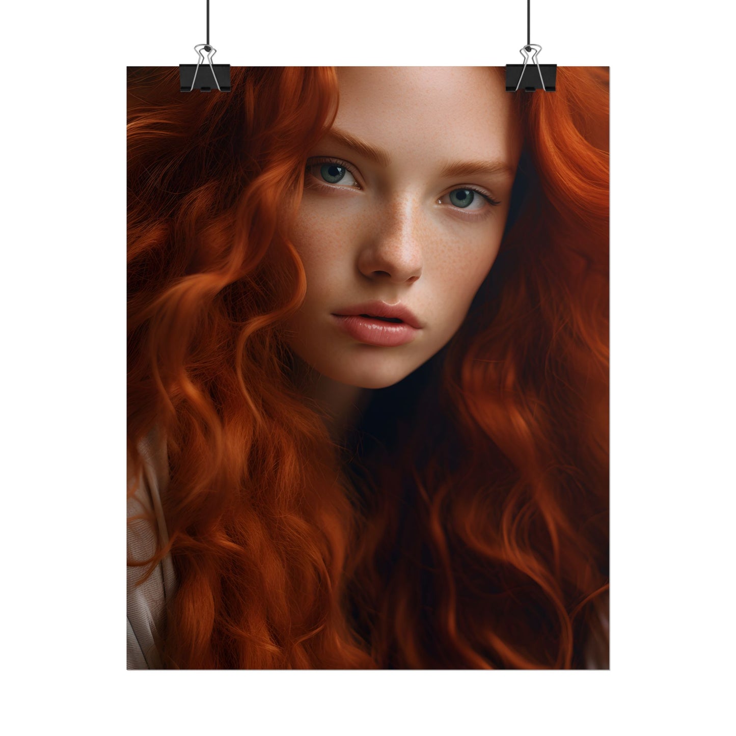 Feminine Portrait: Redheaded Woman in Light Blue - Poster