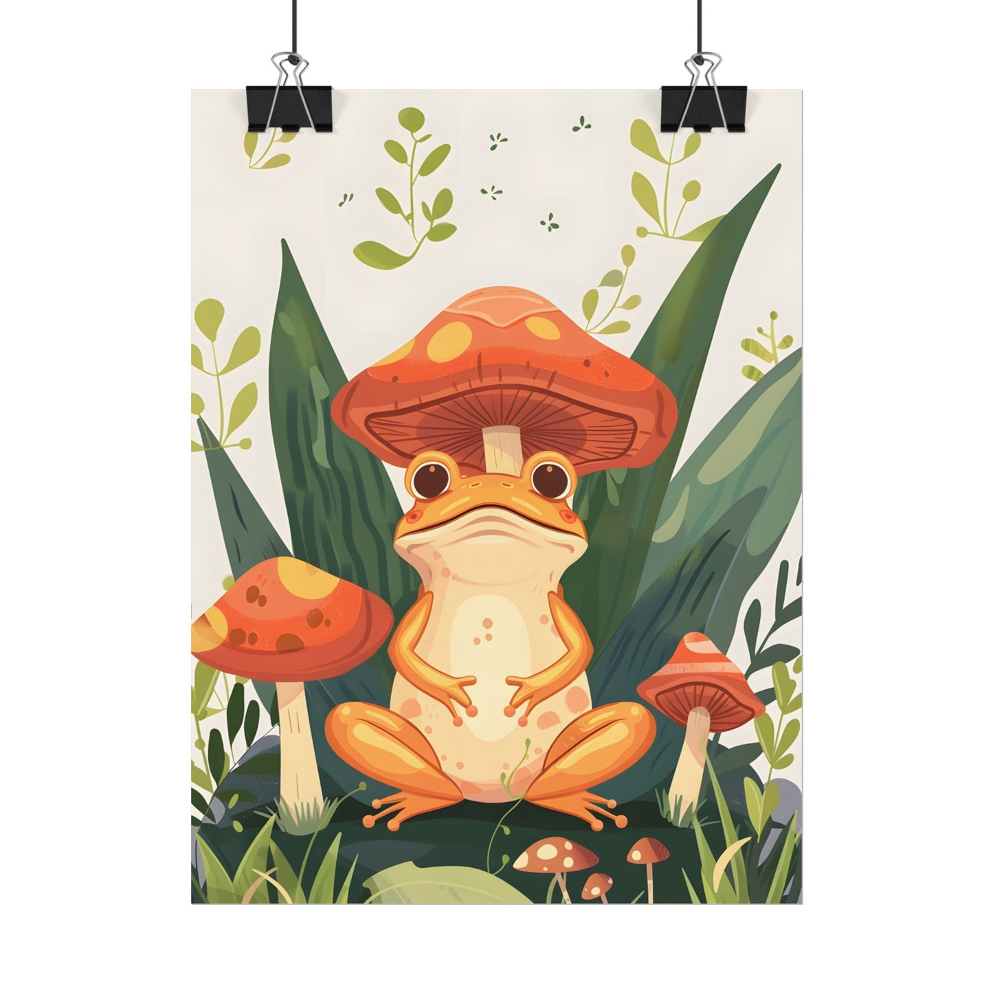 Retro Whimsy: Frog & Mushrooms in Close-Up Charm - Poster