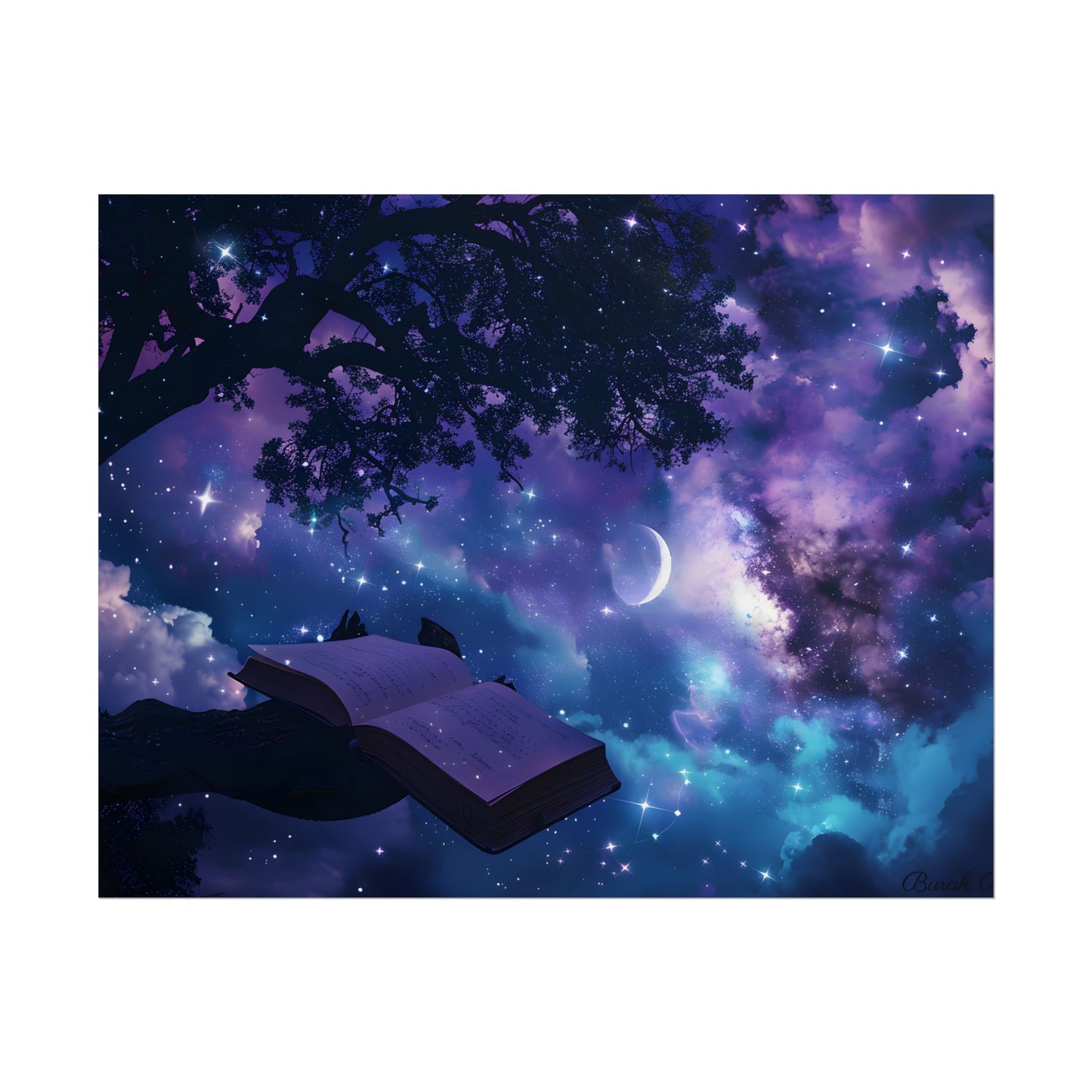 Mystical Night Sky: Celestial Dreams with Crescent Moon Art - Poster