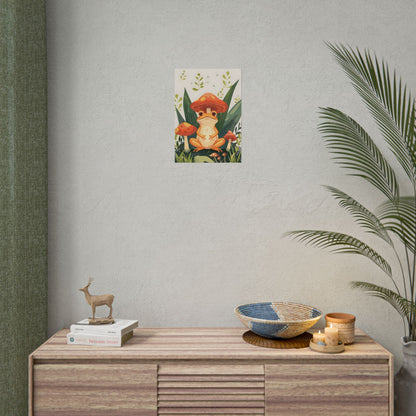 Retro Whimsy: Frog & Mushrooms in Close-Up Charm - Poster