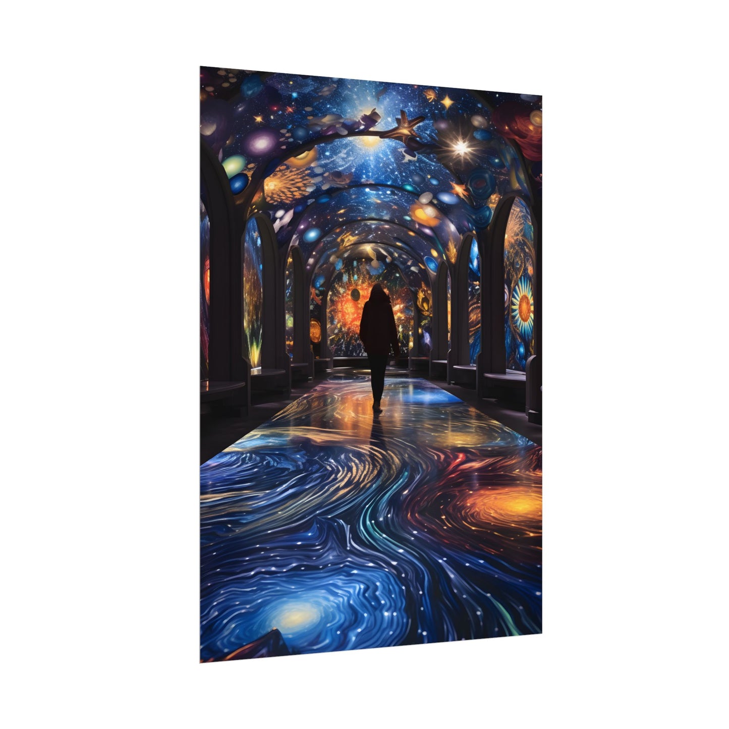 Celestial Art Gallery: Vibrant Space-Themed Artwork in a Colorful Interior - Poster