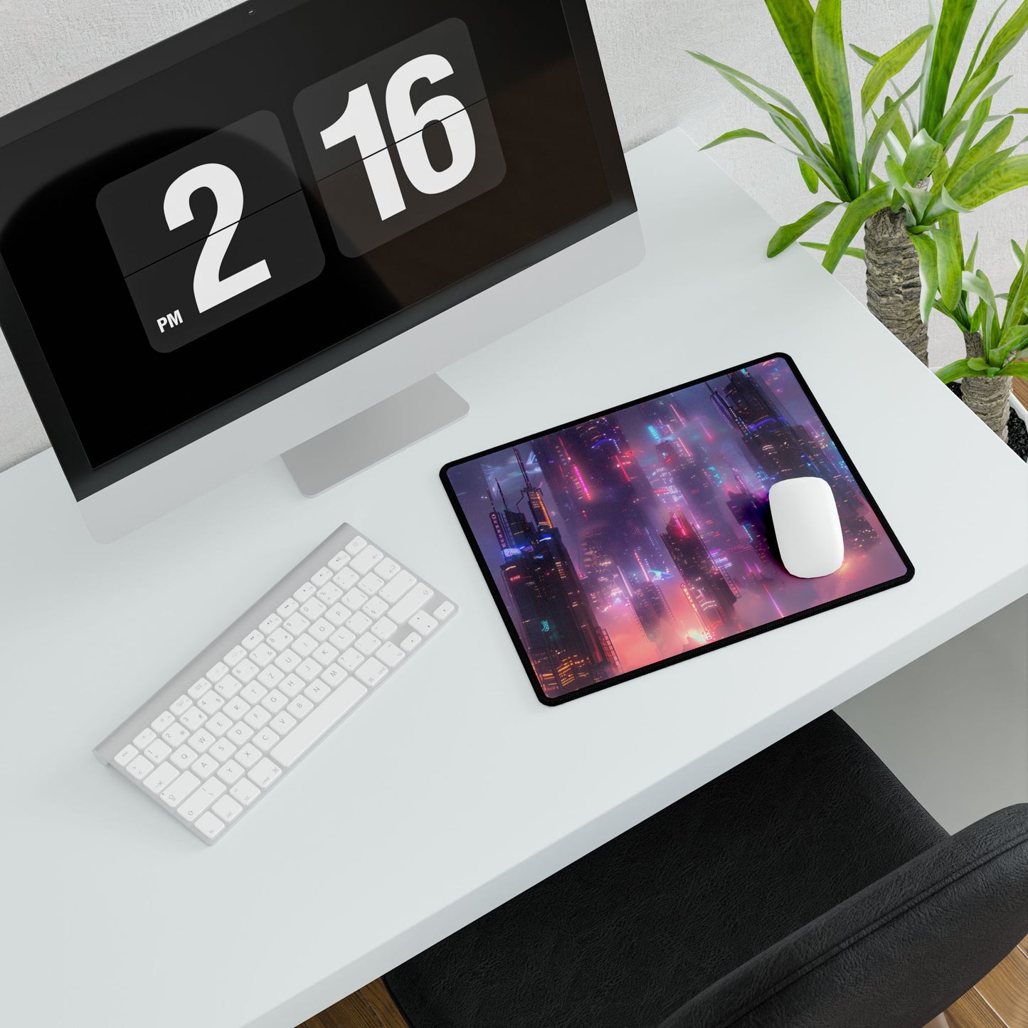 Neon Futuristic Cityscape: Graphic Modern Art - Desk Mat
