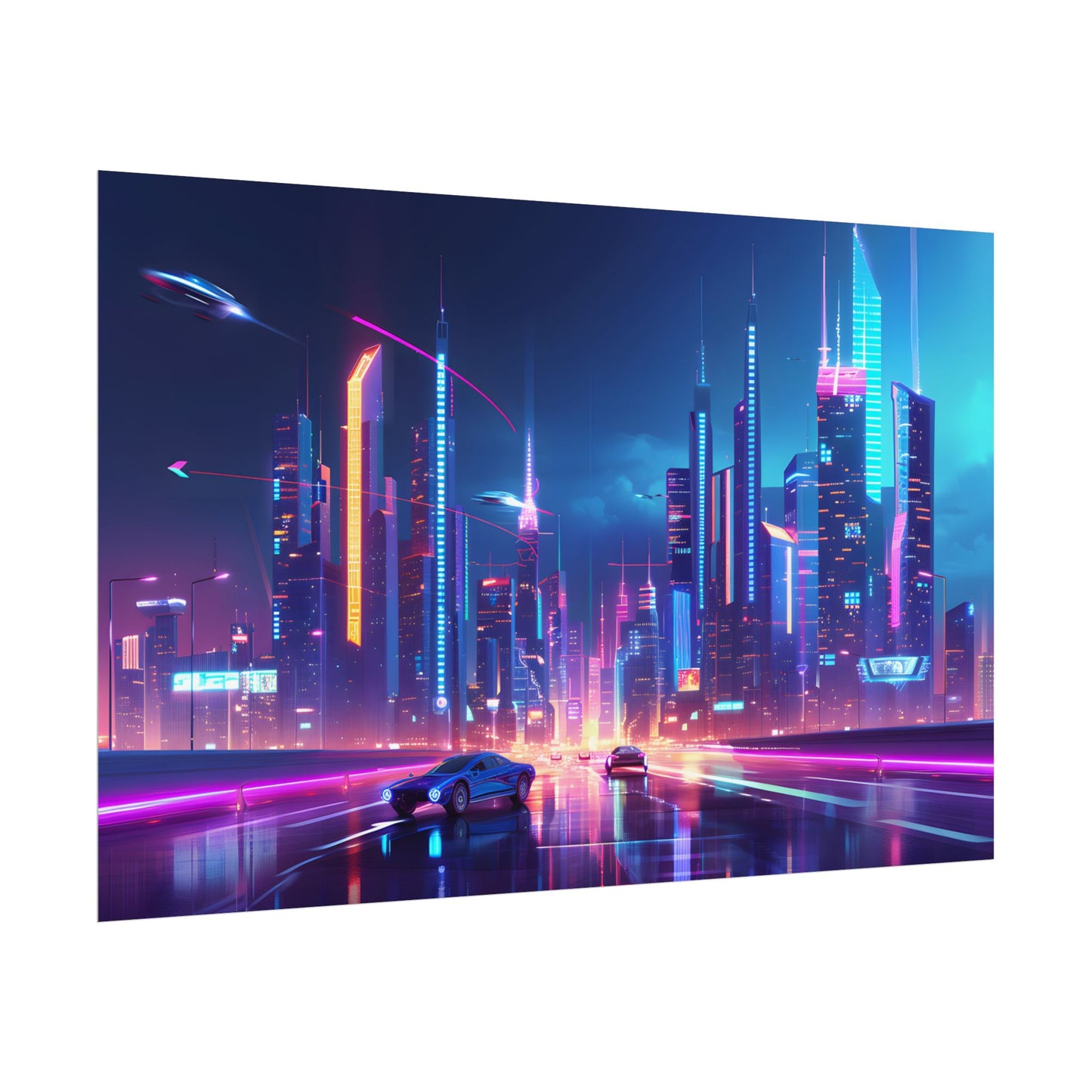 Futuristic City Glow: Neon Lights Digital Art - Poster