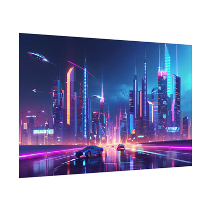 Futuristic City Glow: Neon Lights Digital Art - Poster