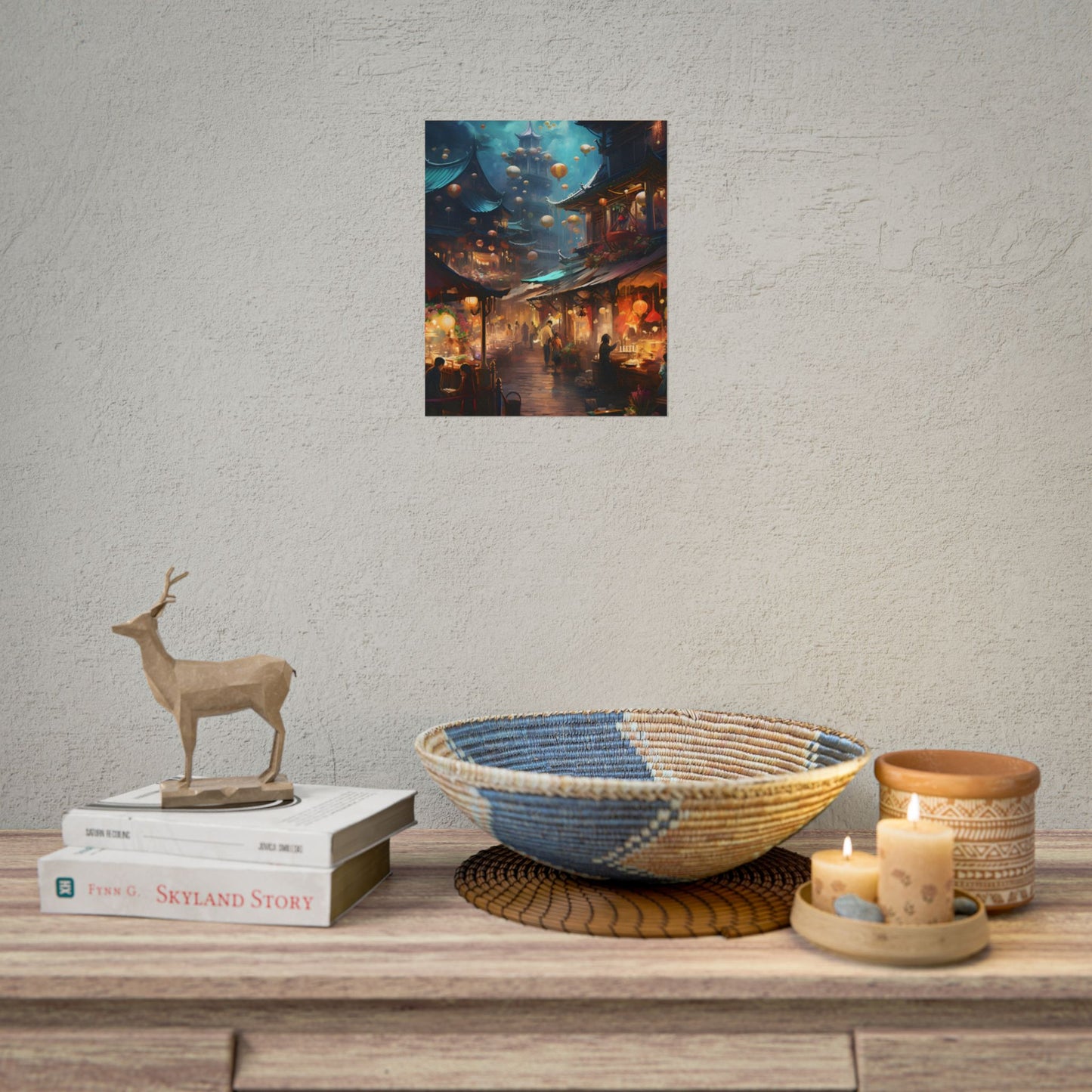 Enchanted Street Food Market: Vibrant Evening Artwork - Poster