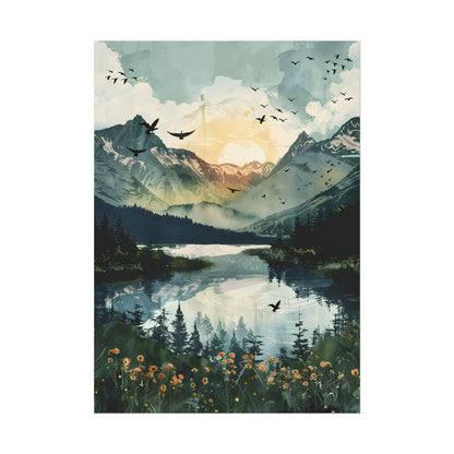 Serene Mountain Lake: Birds in Flight - Natural Art - Poster