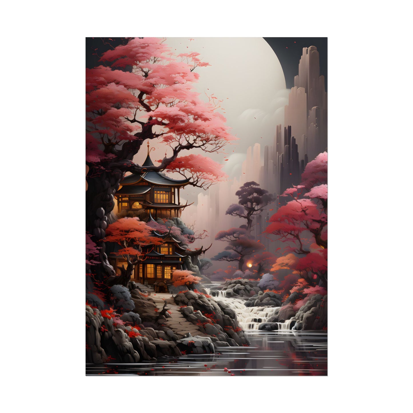 Landscape Masterpiece in Ash Magenta and Moss Green: Serene Nature Artwork - Poster