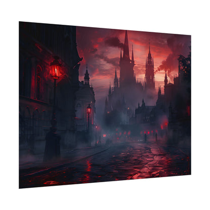 Gothic City Dusk: Pointed Arches and Misty Atmosphere - Poster