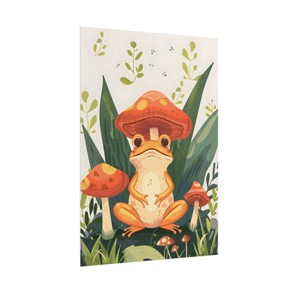Retro Whimsy: Frog & Mushrooms in Close-Up Charm - Poster