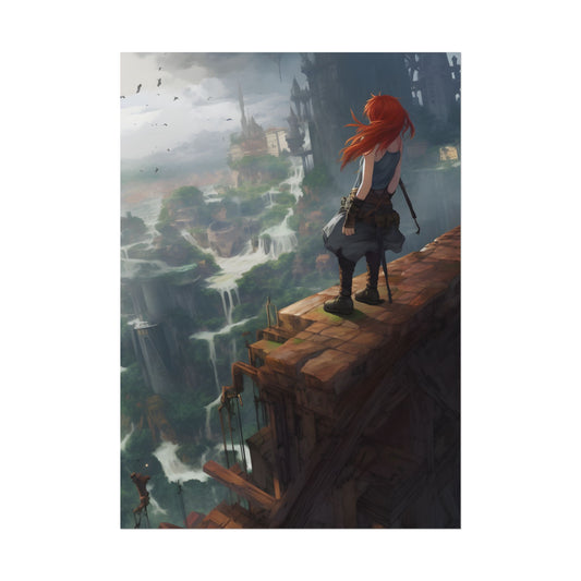 Red Haired Anime Female: Dynamic Birds Eye View Artwork - Poster