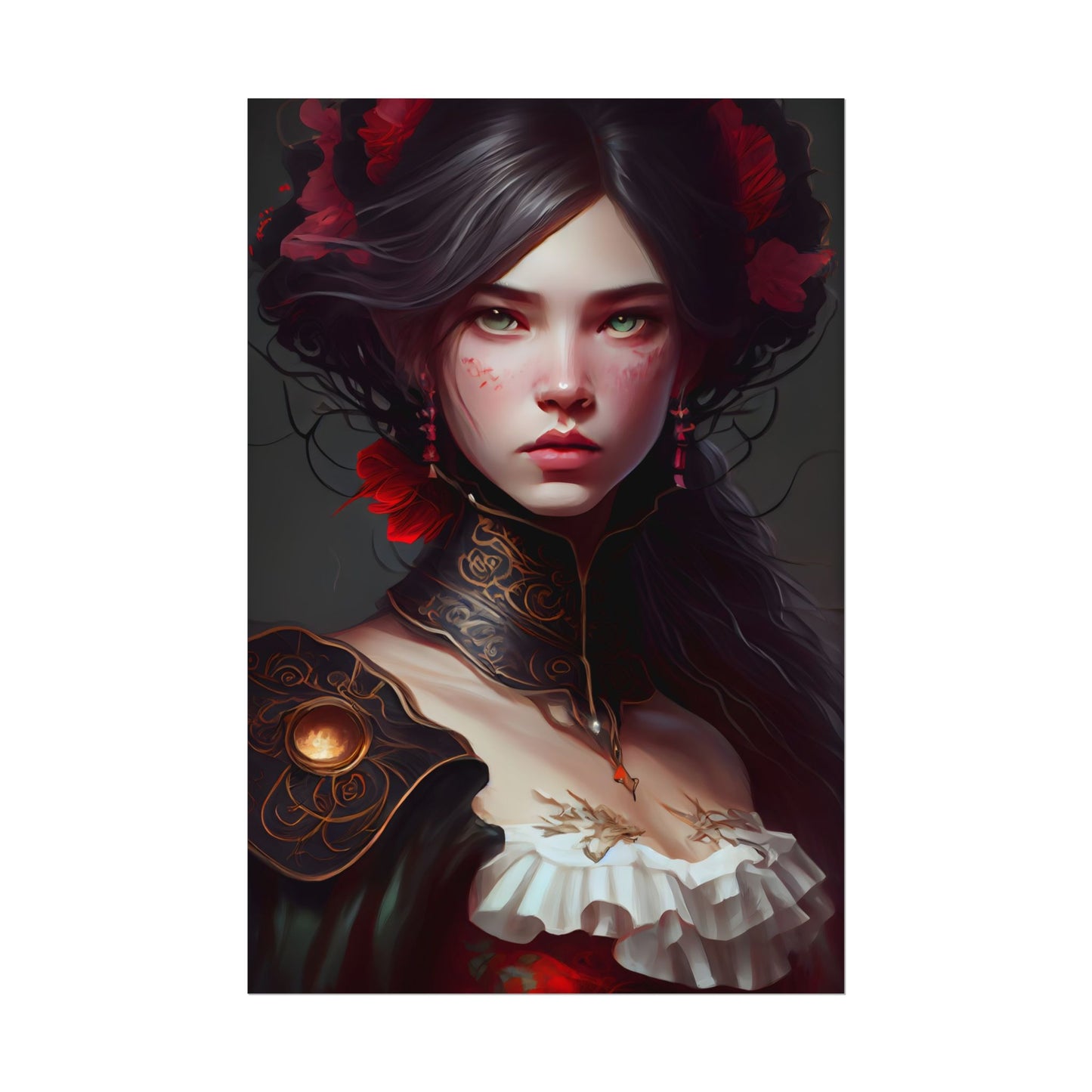Elegant Black Hair Portrait in White Dress - Poster