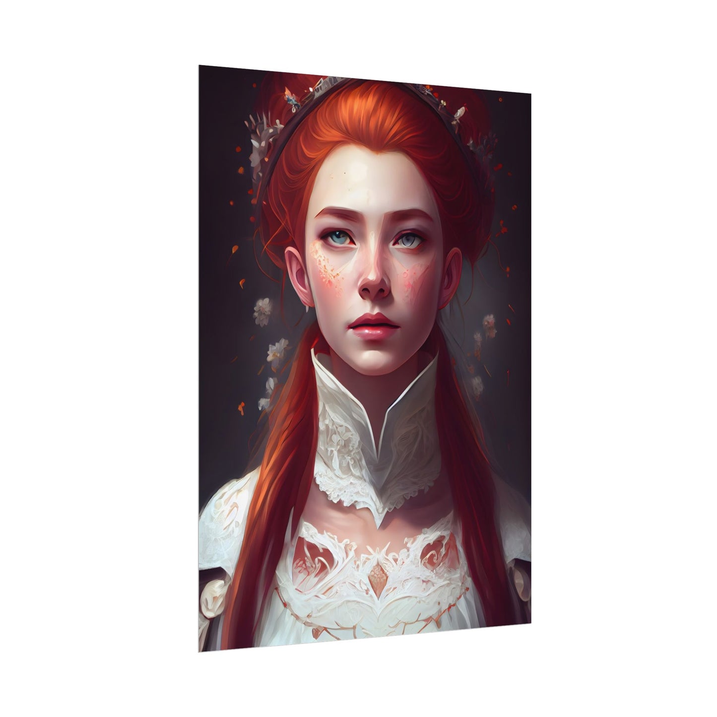 Soft Glow Redhead Portrait: Elegant Female Artwork in Dress - Poster