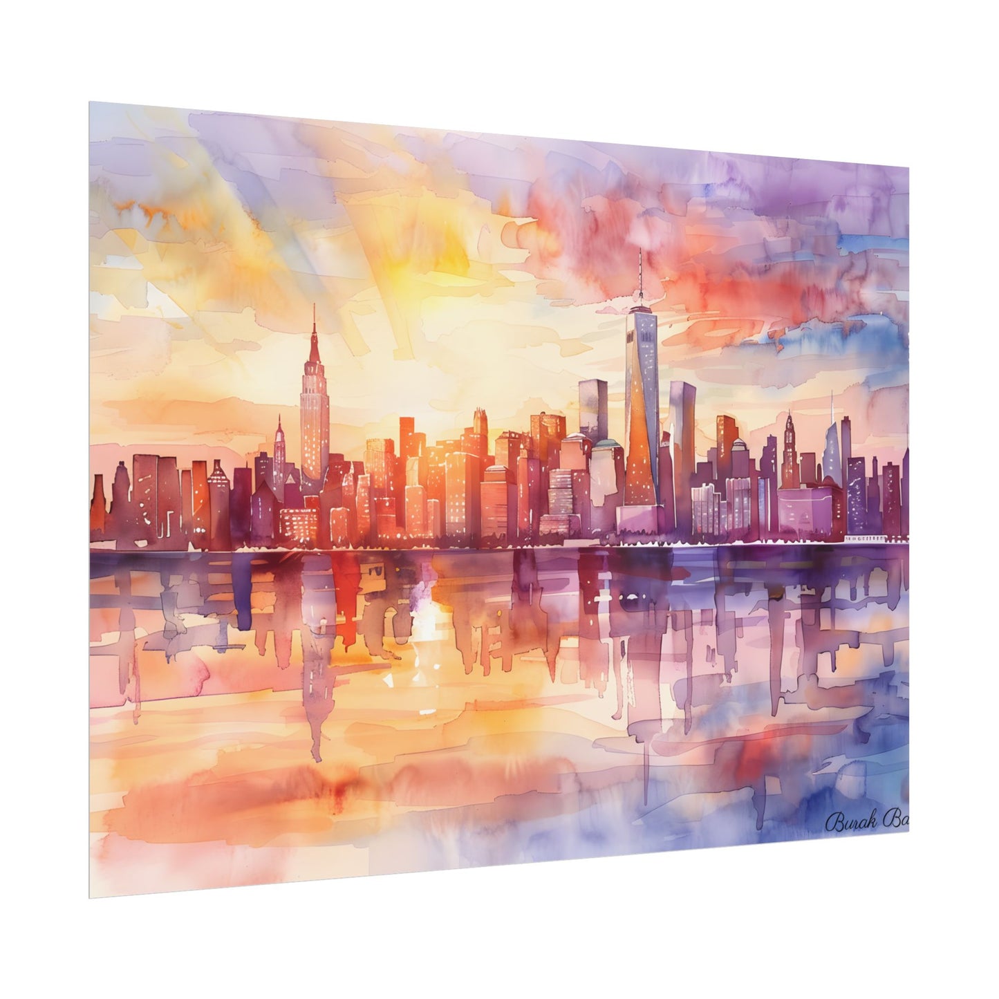Watercolor Sunset New York City Skyline: Beautiful Artwork - Poster
